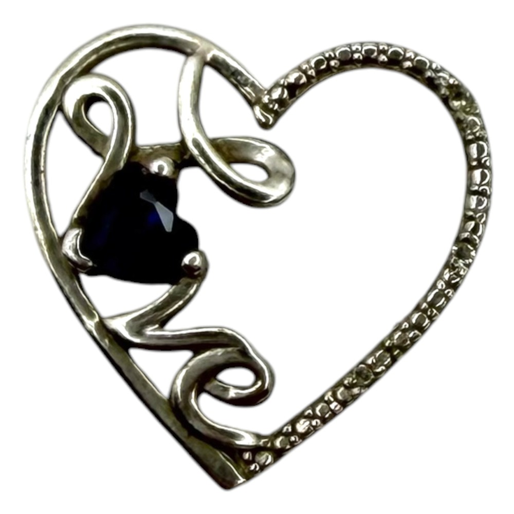 Vintage Love Heart Pendant 925 Sterling Silver Small Silver Blue Sapphire